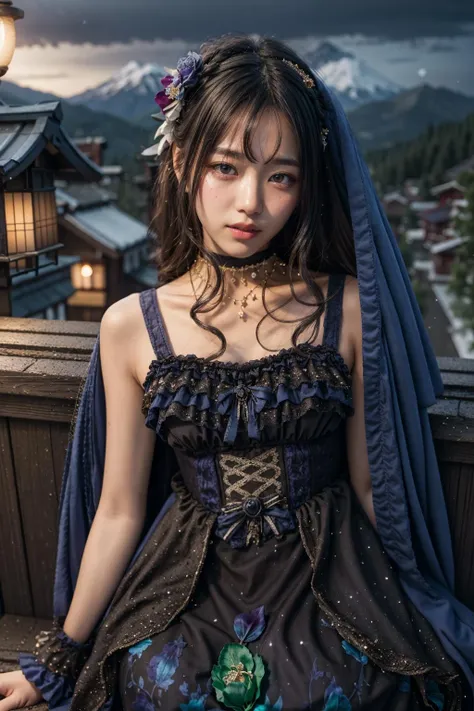 (realistic:1.3), finely detailed, quality, rembrandt lighting, (masterpiece:1.2), (photorealistic:1.2), (best quality), (detailed skin:1.3), (intricate details), dramatic, ray tracing, 1girl, japanese girl, 21 years old, detailed skin texture, (blush:0.5), (goosebumps:0.5), subsurface scattering, smiling, medium breasts, long hair curls, bangs, hair between eyes, headdress, hair ornament, choker, ribbon, bow, blue dress, long dress, lace, frills, xyfd \(manaka nemu\), cowboy shot, sitting, (arms at side:1.2), (night, night sky, outdoors, flowers, overlooking a valley, mountains far away), <lora:Dress No.17 V3 xyfd-000008:1>