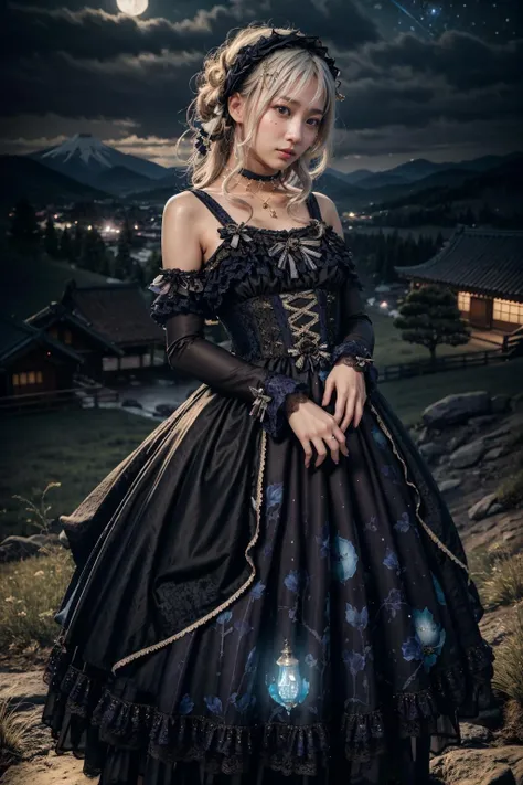 (realistic:1.3), finely detailed, quality, rembrandt lighting, (masterpiece:1.2), (photorealistic:1.2), (best quality), (detailed skin:1.3), (intricate details), dramatic, ray tracing, 1girl, japanese girl, 21 years old, detailed skin texture, (blush:0.5), (goosebumps:0.5), subsurface scattering, smiling, medium breasts, long hair curls, bangs, hair between eyes, headdress, hair ornament, choker, ribbon, bow, blue dress, long dress, lace, frills, xyfd \(manaka nemu\), cowboy shot, (arms at side:1.2), (night, night sky, outdoors, flowers, overlooking a valley, mountains far away), <lora:Dress No.17 V3 xyfd-000008:1>