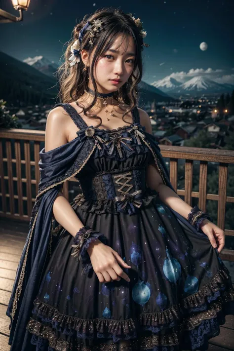 (realistic:1.3), finely detailed, quality, rembrandt lighting, (masterpiece:1.2), (photorealistic:1.2), (best quality), (detailed skin:1.3), (intricate details), dramatic, ray tracing, 1girl, japanese girl, 21 years old, detailed skin texture, (blush:0.5), (goosebumps:0.5), subsurface scattering, smiling, medium breasts, long hair curls, bangs, hair between eyes, headdress, hair ornament, choker, ribbon, bow, blue dress, long dress, lace, frills, xyfd \(manaka nemu\), cowboy shot, (arms at side:1.2), (night, night sky, outdoors, flowers, overlooking a valley, mountains far away), <lora:Dress No.17 V3 xyfd-000008:1>