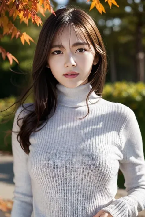1girl,wearing a turtleneck sweater(RAW photo, best quality), (realistic, photo-realistic:1.4), masterpiece, an extremely delicate and beautiful, extremely detailed, 2k wallpaper, Amazing, finely detail, extremely detailed CG unity 8k wallpaper, ultra-detailed, highres, soft light, beautiful detailed girl, extremely detailed eyes and face, beautiful detailed nose, beautiful detailed eyes,cinematic lighting,autumn scenery,sunlight,perfect anatomy,slender body,full body <lora:suzukiairi_lora:0.8>