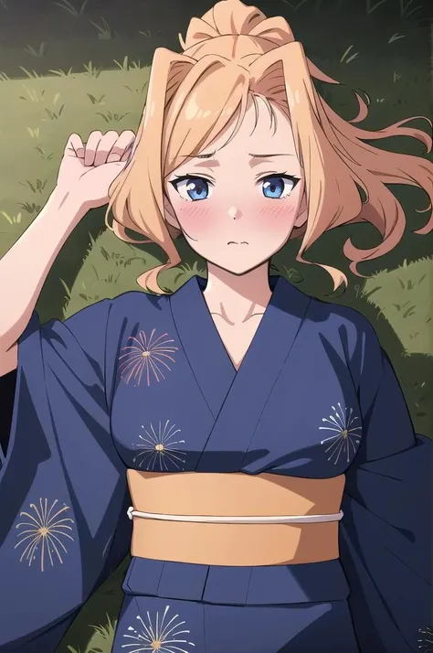 masterpiece, best quality, highres, 
1girl, solo,
<lora:Honolulu-v0.1:1>
HonoluluKimonoKC, japanese clothes, (blue) kimono, (print) kimono, yukata, obi, ponytail,
grass, blush, night, lying on back,close-up, pov,