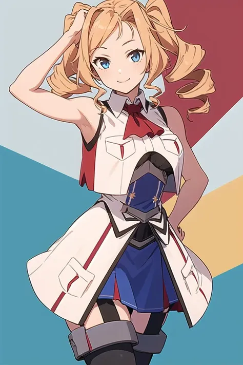 masterpiece, best quality, highres, 
1girl, solo,
<lora:Honolulu-v0.1:1>twintails, twin drills, 
HonoluluKC, (sleeveless) jacket, breast pocket, pocket, (red) ascot, (blue) skirt, (black) thighhighs, garter straps,
floral fruited background, smile,