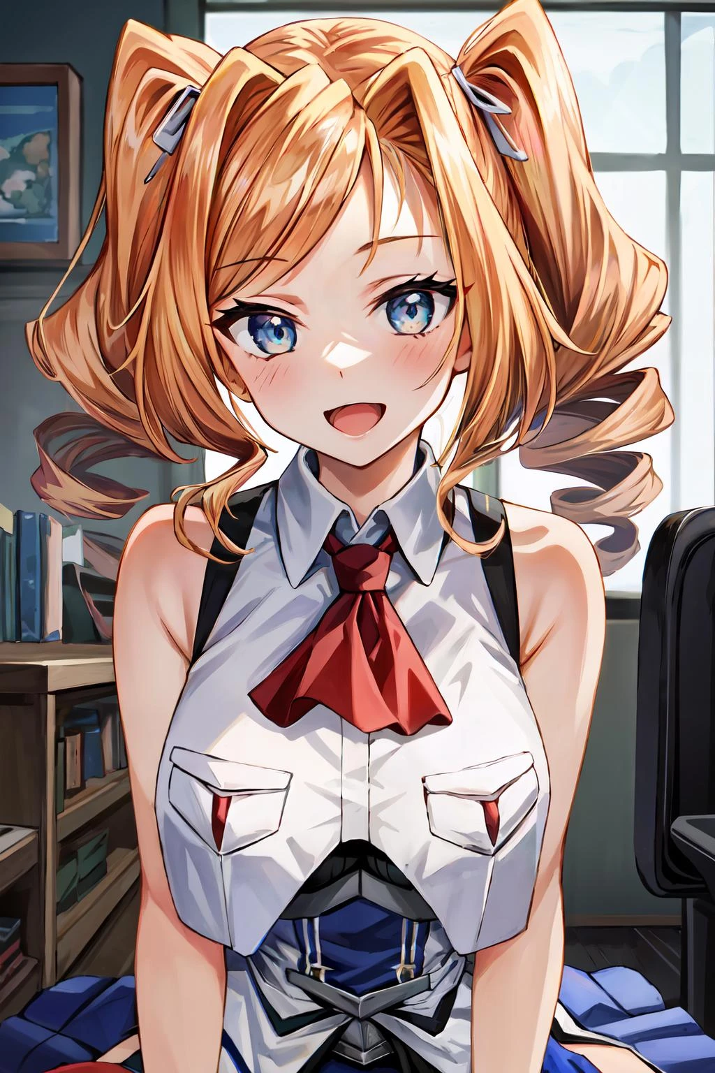 (masterpiece, best quality, illustration, delicate details, 8K:1.3), (studio light, best shadow, picturesque, styleadder),
BREAK, (sharp eyeliner, (symmetric eyes, perfect eyes, detailed eyes), finely detailed beautiful face, perfect anatomy),
BREAK, nice hands, perfect hands, hand by Guido Daniele,
BREAK, 1girl, solo,
BREAK, HonoluluKC, (sleeveless) jacket, breast pocket, pocket, (red) ascot, (blue) skirt, (black) thighhighs, garter straps, twintails, twin drills,
BREAK, upper body shot, face close-up, looking at viewer, facing to viewer, open mouth, smile, (indoor, office, living room), sitting, chair,
BREAK, <lora:add_detail:0.2>, <lora:eyes:0.2>, <lora:CSA:0.2>, <lyco:hands:1>, <lora:Honolulu-10:1>