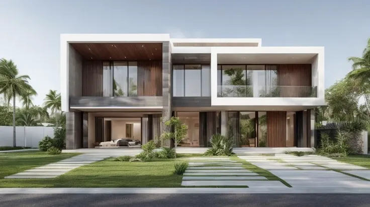 Modern Exterior design of 2 story villa,(masterpiece), best quality,8K,no humans, tree, sky, reflection, grass,window,  <lora:Modern_Exteriors by (Archilabstudios):0.5>,<lora:add_detail:0.5>