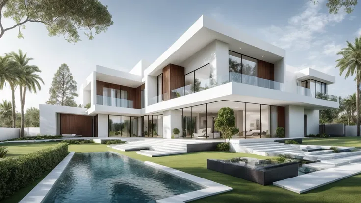 Modern Exterior design of villa,(masterpiece), best quality,8K,no humans, tree, sky, reflection, grass,window,  <lora:Modern_Exteriors by (Archilabstudios):0.5>,<lora:add_detail:0.5>