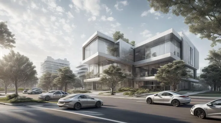 Modern exterior design,masterpiece, (photorealistic:1.2), best quality, ultra high res,architechture, exterior, glass windows,trees,traffic road,in the style of realistic hyper-detailed rendering, 32k uhd,composite construction, piles/stacks, innovative page design,daylight,Vray, <lora:Modern_Exterior:0.5>, <lora:more_details:0.8>