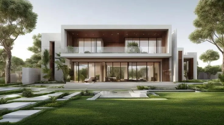 Modern Exterior design of villa,(masterpiece), best quality,8K,no humans, tree, sky, reflection, grass,window, <lora:Modern_Exteriors by (Archilabstudios):0.5>,<lora:add_detail:0.5>