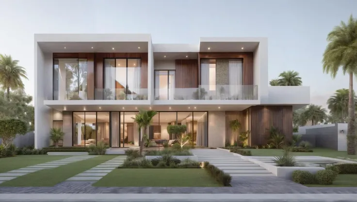 Modern Exterior design of 2 story villa,(masterpiece), best quality,8K,no humans, tree, sky, reflection, grass,window,  <lora:Modern_Exteriors by (Archilabstudios):0.5>,<lora:add_detail:0.5>