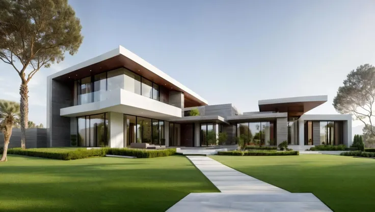 Modern Exterior design of villa,(masterpiece), best quality,8K,no humans, tree, sky, reflection, grass,window, <lora:Modern_Exteriors by (Archilabstudios):0.5>,<lora:add_detail:0.5>