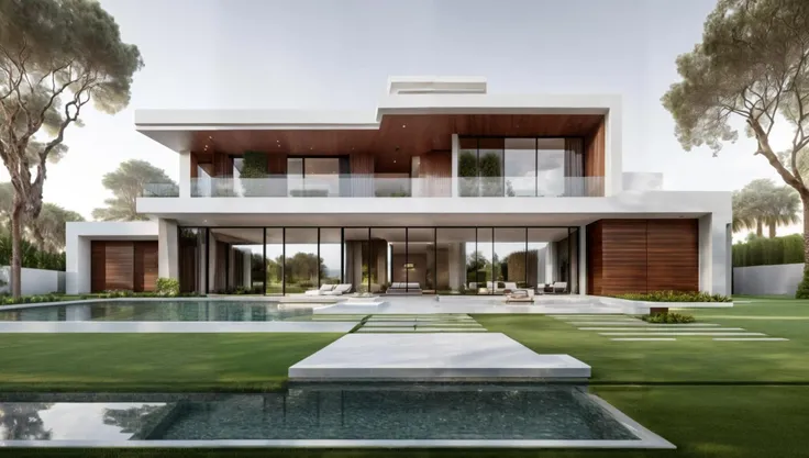 Modern Exterior design of villa,(masterpiece), best quality,8K,no humans, tree, sky, reflection, grass,window, <lora:Modern_Exteriors by (Archilabstudios):0.5>,<lora:add_detail:0.5>