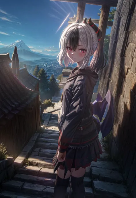 (volumetric lighting, Highres), (Detailed Illustration), Ultra-Detailed, 8k, nsfw, <lyco:kayoko1-000008:1.0>, kayokodef, upper body, smile, blush, outdoors, day, detailed background, blue sky, sky, temple, looking at viewer, stairs, mountain, moody lighting, facing viewer,  <lora:add_detail:1> <lora:hairdetailer:0.8>  <lora:HeavyB:0.8>