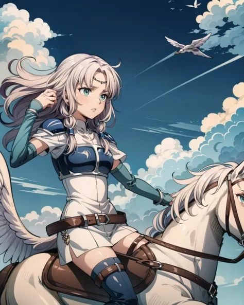 <lora:florina-nvwls-v1:0.85>, florina, circlet, armor, white dress, belt, thigh boots, riding a pegasus, flying, sky, clouds, furrowed brow, wide shot, from a distance, <lora:add_detail:1>, masterpiece, best quality