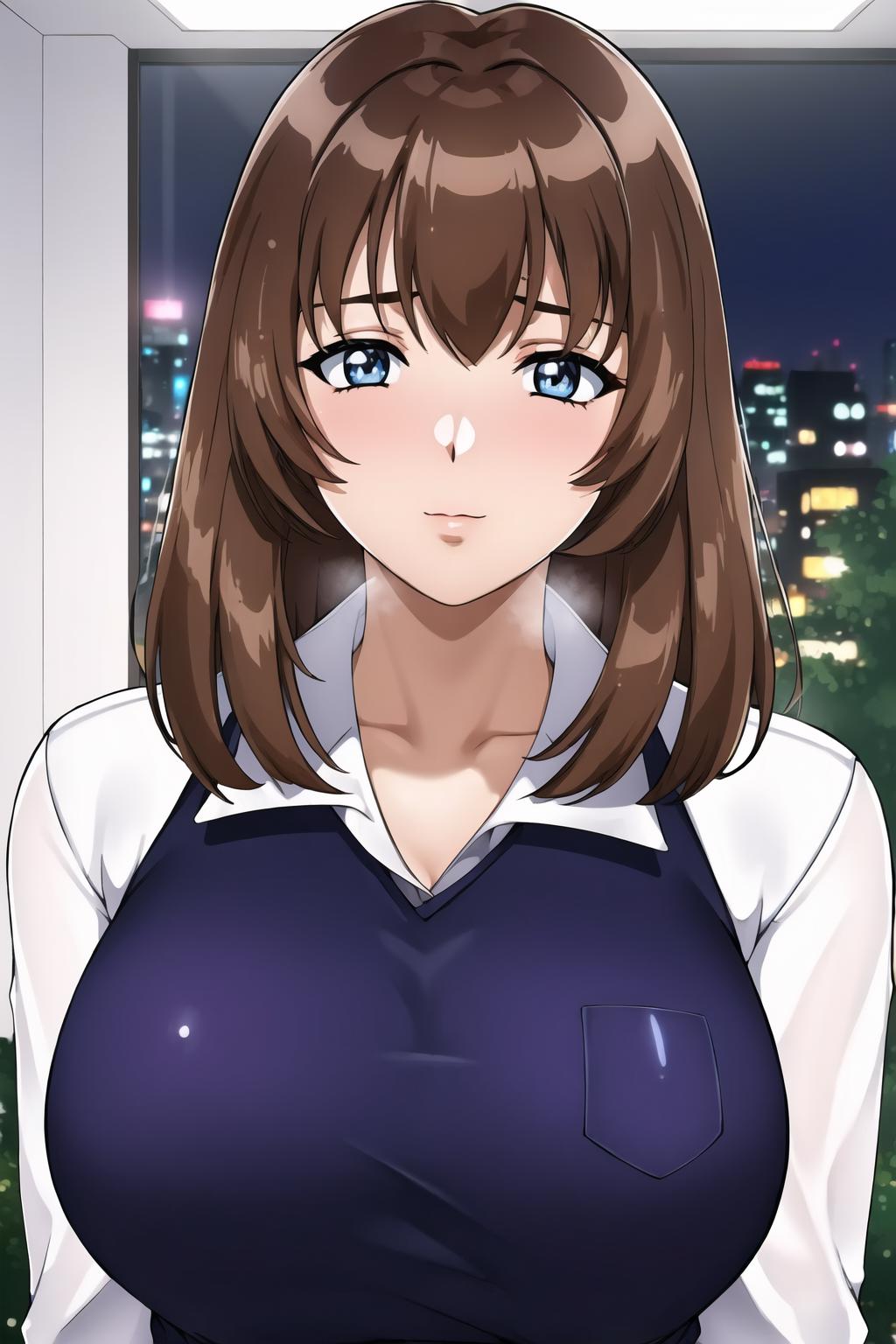 A woman in a blue dress and white shirt standing in front of a window ...