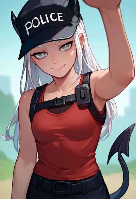 score_9, score_8_up, score_7_up, source_anime, upper body, solo, 1girl, justicepol, smile, closed mouth, looking at viewer, incoming headpat, arm up, long hair, black headwear, police hat, horns through headwear, grey eyes, red tank top, demon tail, outdoors <lora:concept_incomingheadpat_ponyXL:1> <lora:helltaker_justice_ponyXL:1>