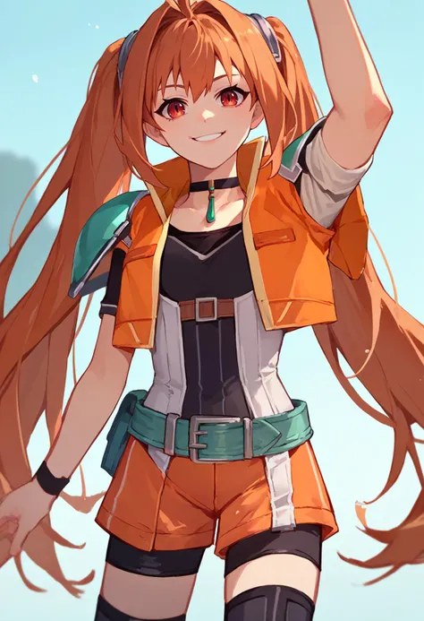 score_9, score_8_up, score_7_up, source_anime, solo, 1girl, senEstelle, smile, looking at viewer, incoming headpat, arm up, twintails, single shoulder pad, choker, orange jacket, black shirt, miniskirt, green belt, spandex shorts, black thighhighs, outdoors <lora:concept_incomingheadpat_ponyXL:1> <lora:estelle-pdxl-nvwls-v1:0.9>