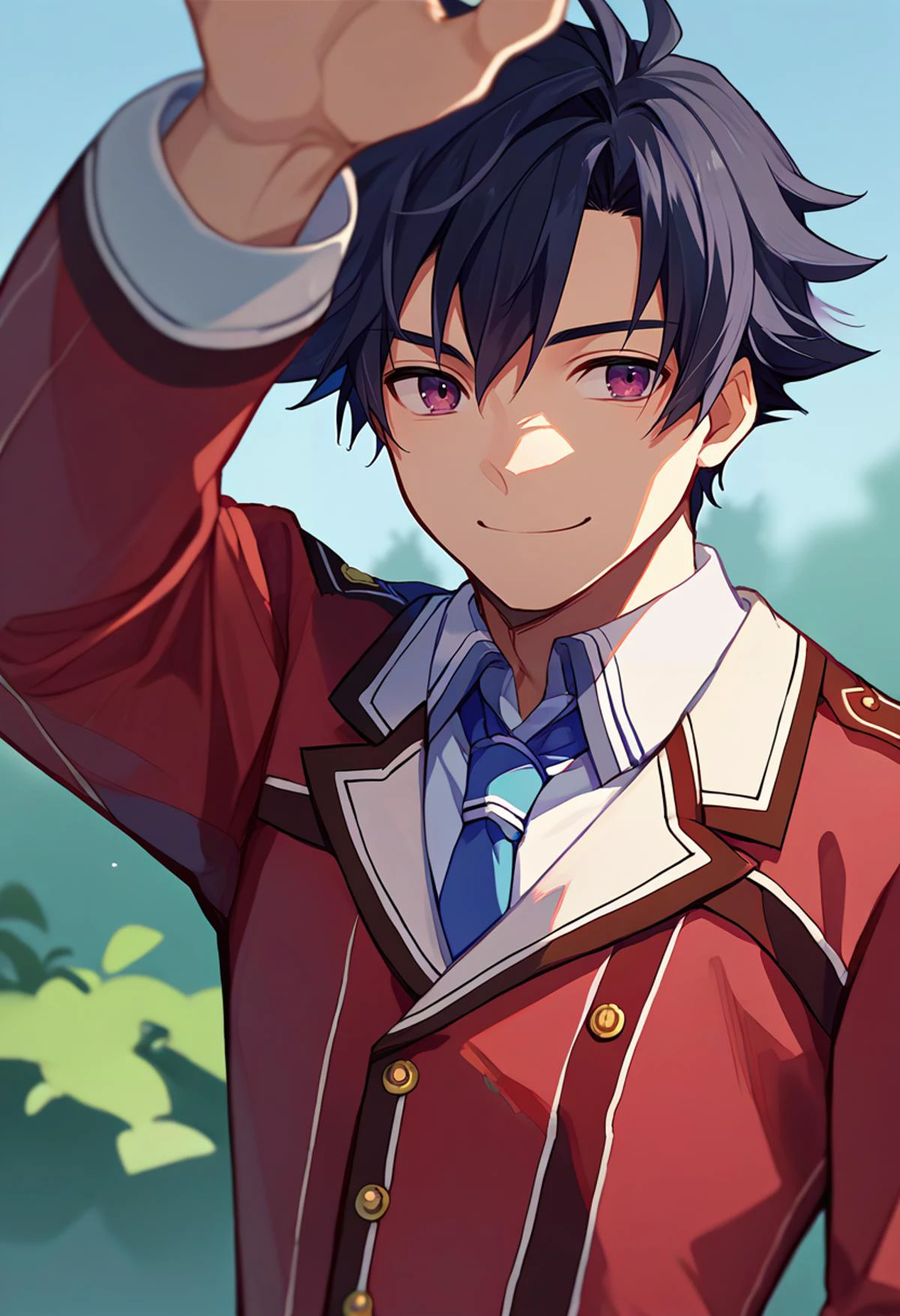 score_9, score_8_up, score_7_up, source_anime, solo, male focus, 1boy, sen1rean, smile, looking at viewer, incoming headpat, arm up, black hair, school uniform, red blazer, necktie, outdoors <lora:concept_incomingheadpat_ponyXL:1> <lora:rean-pdxl-nvwls-v1:0.9>