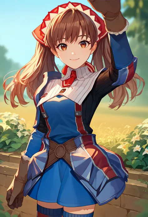 score_9, score_8_up, score_7_up, source_anime, solo, 1girl, vcAlicia, smile, looking at viewer, incoming headpat, arm up, headdress, blue shirt, armor, blue skirt, gloves, thighhighs, outdoors <lora:concept_incomingheadpat_ponyXL:1> <lora:vcalicia-pdxl-nvwls-v1:1>