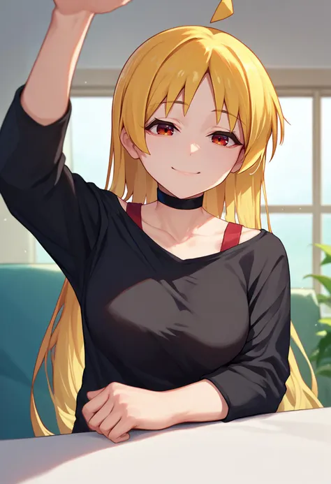 score_9, score_8_up, score_7_up, source_anime, solo, 1girl, ijichi seika, slight smile, looking at viewer, incoming headpat, arm up, ahoge, black shirt, choker, collarbone, large breasts, indoors <lora:concept_incomingheadpat_ponyXL:1> <lora:bocchi_seikaijichi_ponyXL:1>