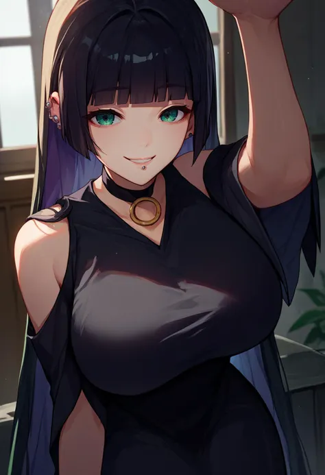 score_9, score_8_up, score_7_up, source_anime, solo, 1girl, pasan, smile, looking at viewer, incoming headpat, arm up, large breasts, ear piercing, chin piercing, hime cut, choker, black dress, shoulder cutout, indoors <lora:Hoseki_BTR_Pasan_PDXL_v1:1> <lora:concept_incomingheadpat_ponyXL:1.1>