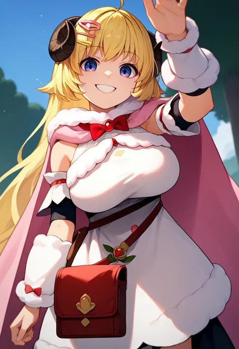 score_9, score_8_up, score_7_up, source_anime, solo, 1girl, WatameBase, smile, looking at viewer, incoming headpat, arm up, very long hair, ahoge, hairclip, fur-trimmed dress, short dress, red bowtie, detached sleeves, pouch, fur-trimmed cape, pink cape, large breasts, outdoors <lora:concept_incomingheadpat_ponyXL:1.1> <lora:CHAR-TsunomakiWatamePonyXL:1>