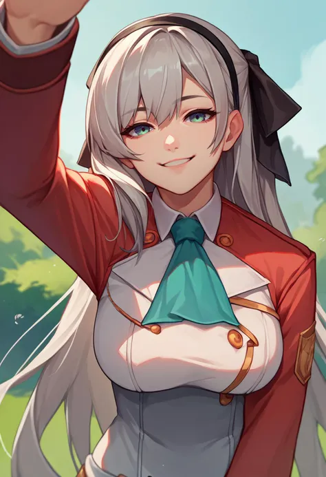 score_9, score_8_up, score_7_up, source_anime, solo, 1girl, zeroElie, smile, looking at viewer, incoming headpat, arm up, grey hair, black hairband, hair ribbon, long hair, ascot, uniform, long red sleeves, large breasts, outdoors <lora:concept_incomingheadpat_ponyXL:1.1> <lora:elie-pdxl-nvwls-v1:0.9>