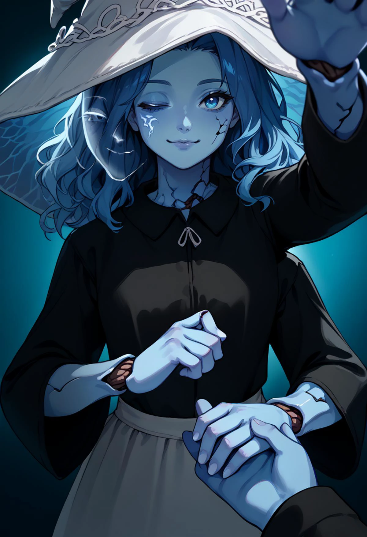 score_9, score_8_up, score_7_up, 1girl, <lora:Ranni_pdxl_Incrs_v2:1>, IncrsRnnThWtch, blue eyes, one eye closed, blue hair, wavy hair, (4 arms:1.1), (multiple faces:1.1), blue skin, colored skin, cracked skin, doll joints, witch hat, white headwear, <lora:concept_incomingheadpat_ponyXL:1.5>, incoming headpat, arm up, black hoodie, seductive smile, <lora:HoldingHandsPOV_XLPD:0.8> holding hands, solo focus, pov hands, out of frame