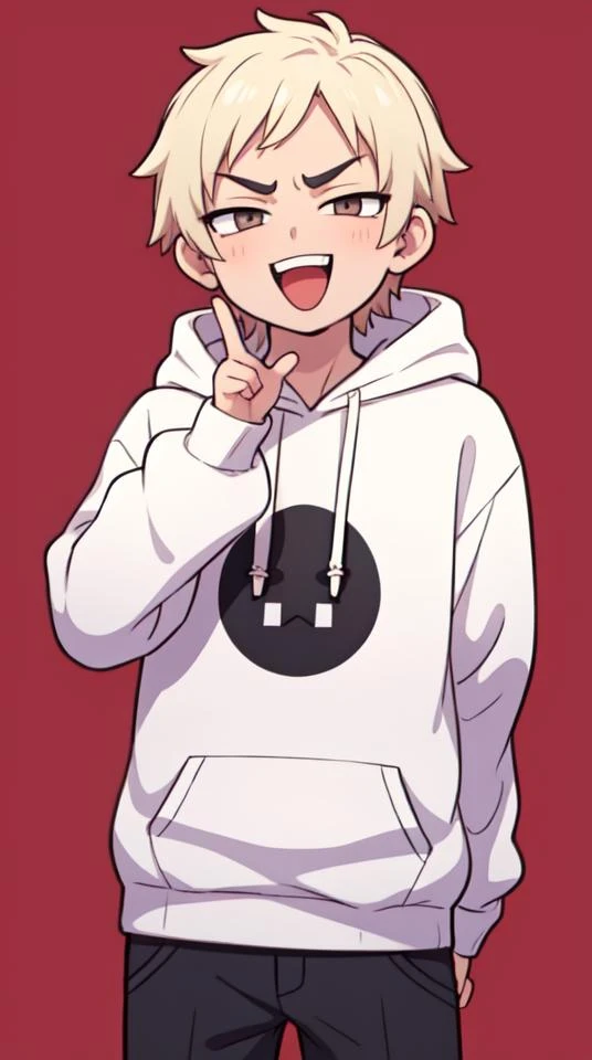 Smug goth boy laughing at viewer, ojou-sama pose, facing viewer, wearing hoodie, smug, open mouth, male, 1 boy, solo,
<lora:OjouSamaPose:0.8>,  <lora:Smug:0.8>,, High Definition, <High resolution:1>, Good artist, Best quality, Better Quality, ((Master Quality))