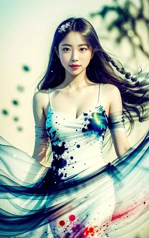 (RAW photo, best quality), (realistic, photo-realistic:1.4),
masterpiece, extremely delicate and beautiful,Amazing, finely detail, light smile, extremely detailed CG unity 8k wallpaper, huge filesize, ultra-detailed, highres, absurdres, soft light,rim light, vibrant details,
depth of field,dramatic angle,inkbrush,((POMO_BG)),hanfu,
80% full body,1girl,solo,dynamic pose,
white background, dress flip,
Floating dress ,
Speckled Ink Painting,
Ink dot,ink splashing,
Ink marks,
focus on the girl, looking at viewer, colorful,
<lora:pomo_v001:0.9>,<lora:koreandolllikenessV20_v20:0.8>
