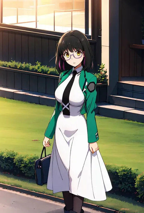 (masterpiece, best quality), 1girl, <lora:mituki_shibataV1:0.8> mituki_shibata,black_hair,golden_eyes,large_brest,glasses, medium hair,under-rim eyewear, semi-rimless eyewear,bangs,, mahouka_uniform,school uniform,first high school uniform, necktie, black necktie, pantyhose, dress, white dress, green jacket, breasts, boots, black footwear,jacket,See-through,black_necktie,green_jacket,white_long_skirt,