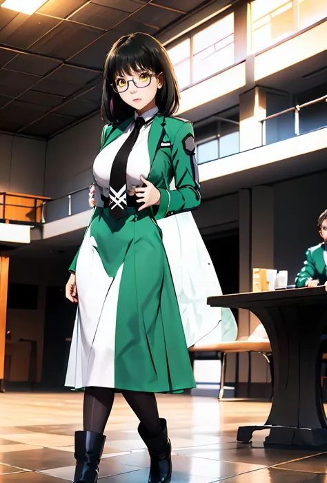 (masterpiece, best quality), 1girl,      <lora:mituki_shibataV1:0.8> mituki_shibata,black_hair,golden_eyes,large_brest,glasses, medium hair,under-rim eyewear, semi-rimless eyewear,bangs,, mahouka_uniform,school uniform,first high school uniform, necktie, black necktie, pantyhose, dress, white dress, green jacket, breasts, boots, black footwear,jacket,See-through,black_necktie,green_jacket,white_long_skirt,