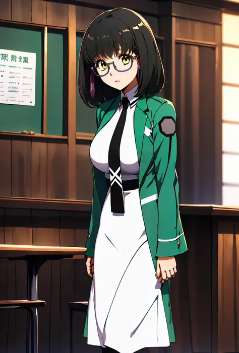 (masterpiece, best quality), 1girl,      <lora:mituki_shibataV1:0.8> mituki_shibata,black_hair,golden_eyes,large_brest,glasses, medium hair,under-rim eyewear, semi-rimless eyewear,bangs,, mahouka_uniform,school uniform,first high school uniform, necktie, black necktie, pantyhose, dress, white dress, green jacket, breasts, boots, black footwear,jacket,See-through,black_necktie,green_jacket,white_long_skirt,