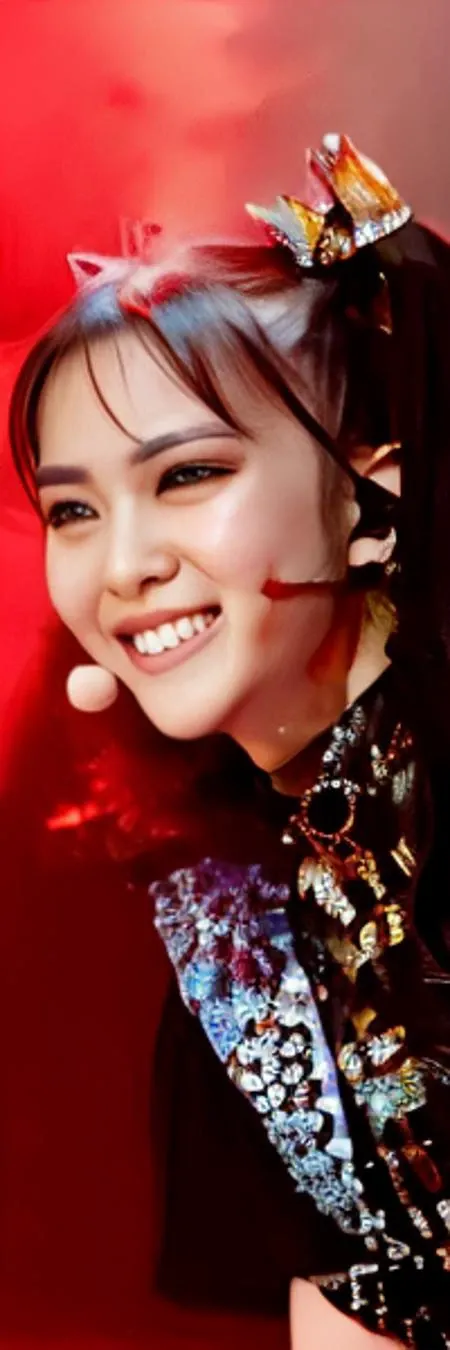 <lora:Moametal-10:1> dancing girl with beautiful face smiling , full face