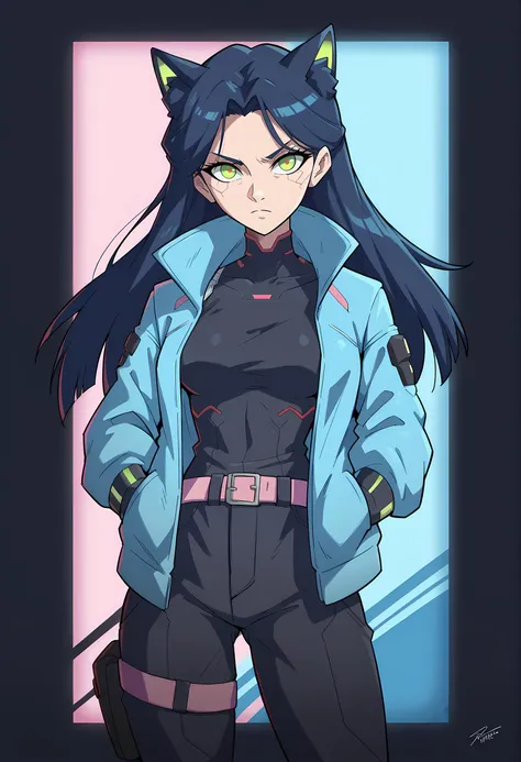 score_9, score_8_up, score_7_up, score_6_up, score_5_up, score_4_up, 1girl, cat ears, medium breasts, breasts, long hair, baggy clothes, blue jacket, black cargo pants, looking at viewer, neon colors, volumetric lighting, rim lighting, neon palette, gloom, black light, anime, glowing, green eyes, dark blue hair, tactical clothes, cyberpunk, hands in pockets, pink belt, abstract background, serious, shade, backlighting, turtleneck black shirt