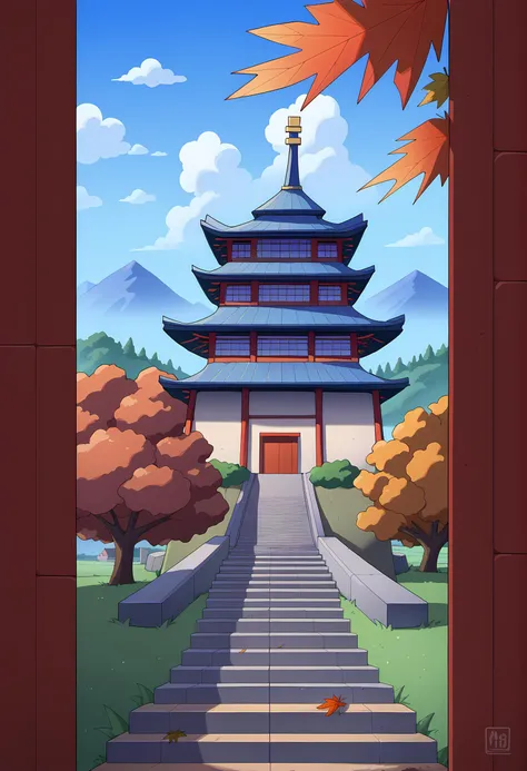 score_9, score_8_up, score_7_up, BREAK
scenery, landscape, tile wall, fog, grass, window, building, stucco, path, outdoors, tree, east asian architecture, no humans, dirt, autumn leaves, architecture, blue sky, bush, castle, plant, pagoda, sky, wall, stairs, town, nature, cloudy sky, mountain, light, green theme, cloud, stone wall, entrance