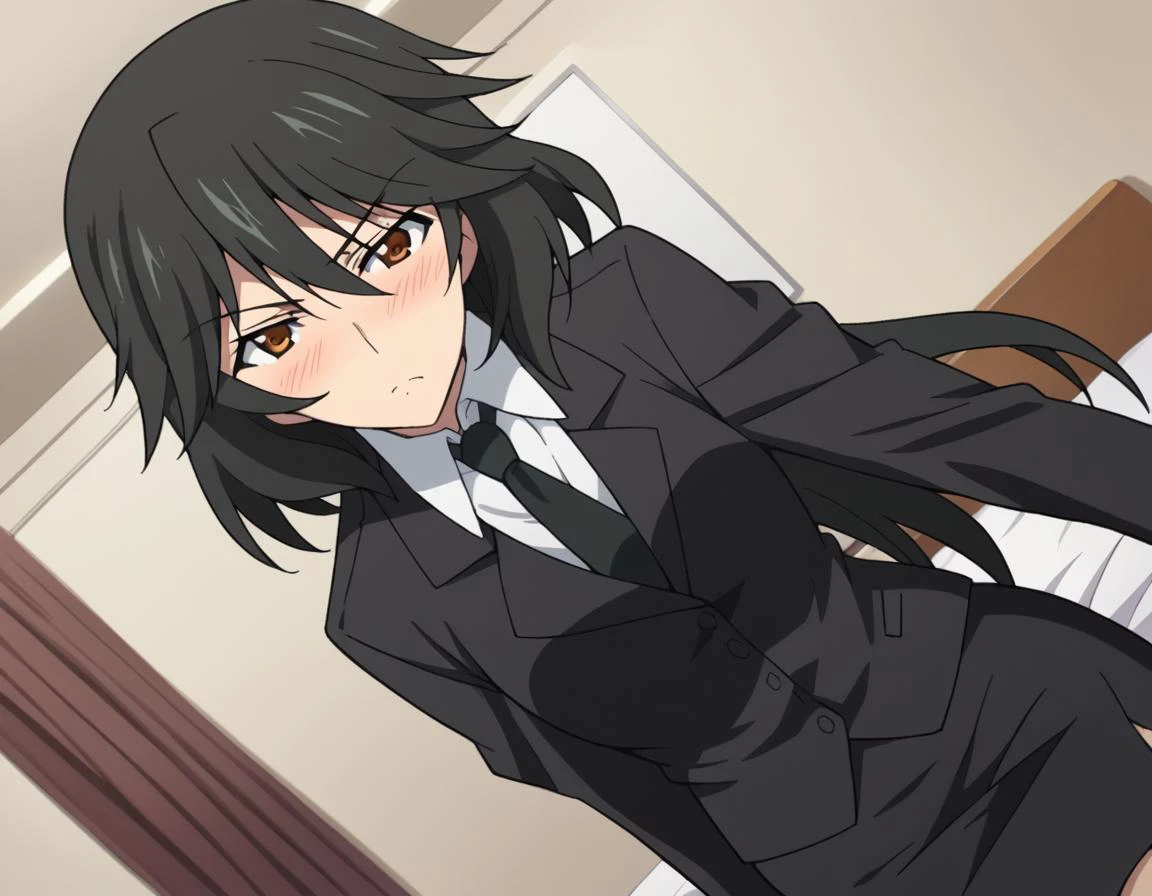 score_9, score_8_up, score_7_up, source_anime,
chifuyuorimura, <lora:chifuyu-orimura-s2-ponyxl-lora-nochekaiser:1>,
chifuyu orimura, long hair, bangs, black hair, hair between eyes, brown eyes,
skirt, shirt, long sleeves, jacket, white shirt, necktie, black skirt, black jacket, formal, suit, black necktie, pencil skirt, skirt suit,
indoors, bed, bed room, on side, blush, drunk,
looking at viewer, cowboy shot, solo, dutch angle,