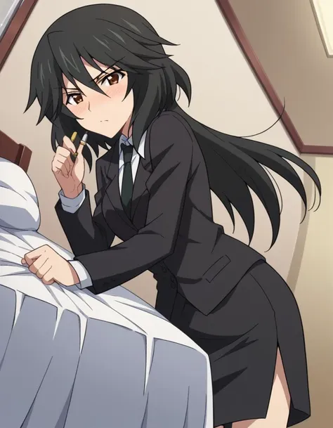 score_9, score_8_up, score_7_up, source_anime,
chifuyuorimura, <lora:chifuyu-orimura-s2-ponyxl-lora-nochekaiser:1>,
chifuyu orimura, long hair, bangs, black hair, hair between eyes, brown eyes,
skirt, shirt, long sleeves, jacket, white shirt, necktie, black skirt, black jacket, formal, suit, black necktie, pencil skirt, skirt suit,
indoors, bed, bed room, on side, blush, drunk,
looking at viewer, cowboy shot, solo, dutch angle,