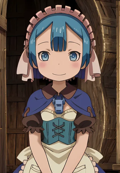<lora:MadeintheAbyss:1.0>,MadeintheAbyss, Marulk, solo, looking at viewer, smile, 1boy, dress, closed mouth, standing, upper body, short sleeves, male focus, outdoors, puffy sleeves, apron, tree, puffy short sleeves, maid, maid headdress, capelet, own hands together, bottle, otoko no ko, waist apron, white apron, corset, maid apron, crossdressing, v arms, pouch, male child, straight-on, whistle, blue capelet, cave, whistle around neck