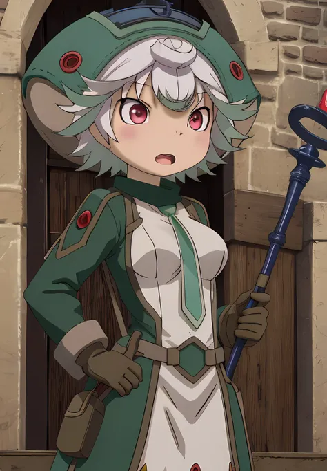 <lora:MadeintheAbyss:1.0>,MadeintheAbyss, Prushka, solo, looking at viewer, open mouth, skirt, shirt, gloves, long sleeves, hat, dress, holding, medium breasts, standing, white shirt, upper body, grey hair, multicolored hair, cowboy shot, outdoors, parted lips, green hair, necktie, teeth, indoors, hand up, twitter username, :o, two-tone hair, streaked hair, hand on hip, upper teeth only, helmet, staff, green skirt, between breasts, blue headwear, green dress, pouch, stairs, green headwear, holding staff, door, creature, brick wall, green necktie, green gloves