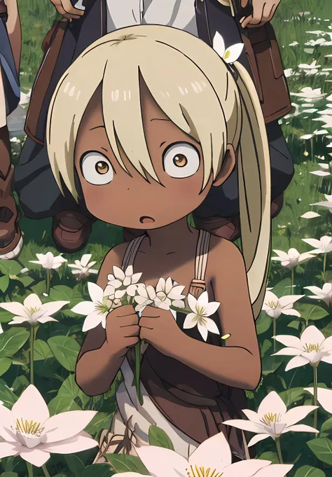 <lora:MadeintheAbyss:1.0>,MadeintheAbyss, Irumyuui, solo, long hair, open mouth, multiple girls, 1boy, holding, 2girls, bare shoulders, twintails, brown eyes, upper body, flower, male focus, heart, outdoors, parted lips, solo focus, dark skin, looking at another, :o, dark-skinned female, petals, parody, dark-skinned male, grass, white flower, surprised, child, close-up, 1other, out of frame, wide-eyed, field, flower field,