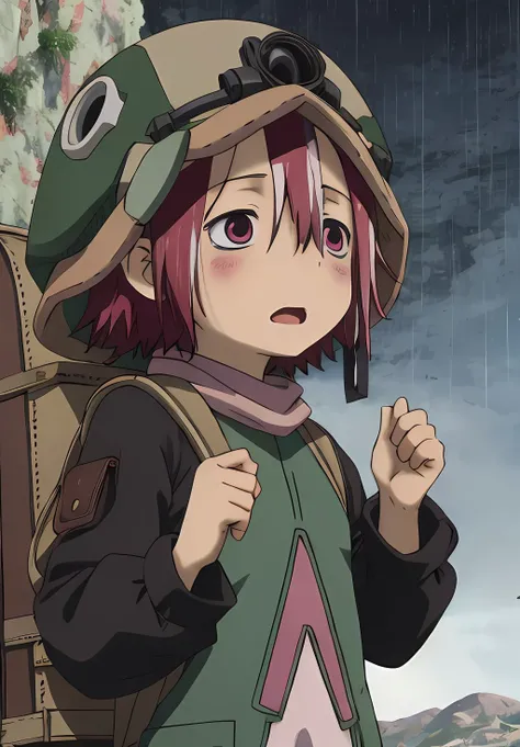 <lora:MadeintheAbyss:1.0>,MadeintheAbyss, Vueko, solo, blush, open mouth, shirt, long sleeves, hat, upper body, pink hair, outdoors, parted lips, pink eyes, bag, scarf, cape, :o, hands up, backpack, helmet, looking up, clenched hands, rain, empty eyes, green headwear, bags under eyes, creature, holding strap, goggles on headwear,