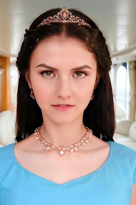 a stunning intricate full color portrait of a beautiful pale woman, Ball gown and a tiara, aboard a busy cruise ship, embarrassed, bounced lighting, dreamy haze, detailed skin, skin blemish, sharp focus, shot on HOLGA 120n, Lomochrome color film, <lora:Crystal_Greenvelle:1>