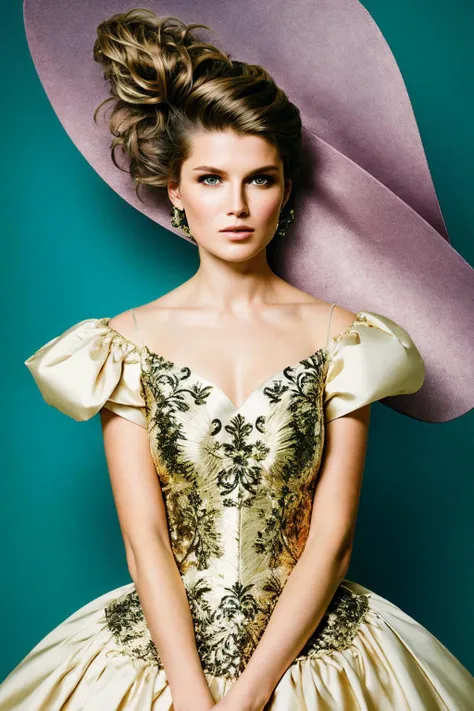 <lora:Daria_Melnikova:0.85> Tim Walker style award winning intrinsic detail dreamscape photo-art high fashion portrait style of a female supermodel with stylized modern hair in John Galliano fashion design in a high fashion studio, hd, 8k
