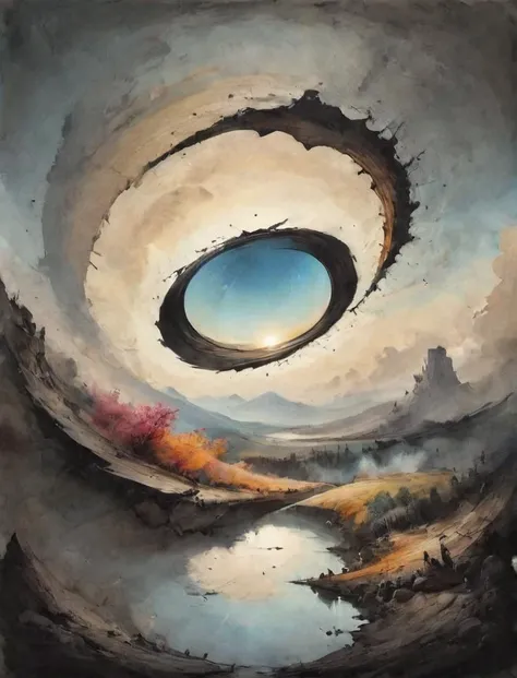 (dynamink:1.2), depiction of an optical illusion, landscape engulfed by a möbius strip, heavenly reflection upside down, mirror,  (colorful:1.1) (inked:1.2) (spots:1.1), cinematic, deep shadows, epic, high resolution, <lora:dynamink:1>, <lora:SDXL - Style - ParchartXL-1.5:0.7>  <lora:- SDXL - ptm-no2_style_V1.0:0.4> ptm-no2  <lora:- SDXL - otclillsn_impossible_geo_V1.0:0.4> otclillsn