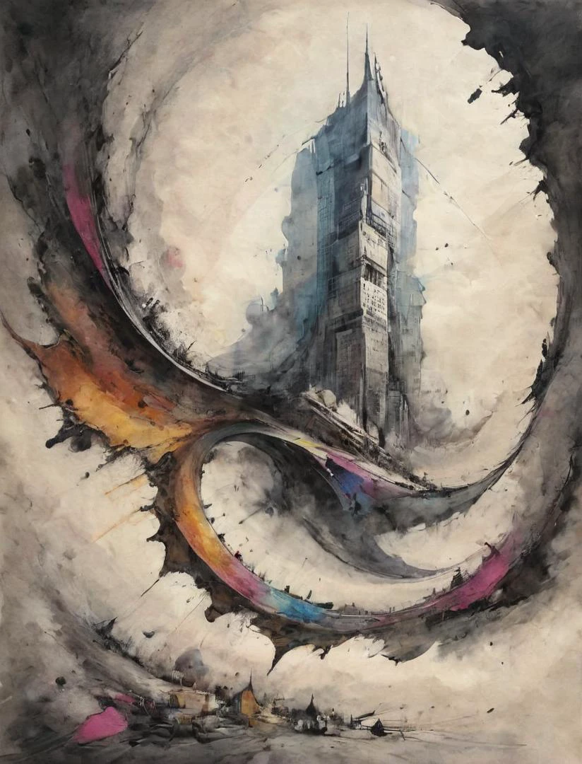 (dynamink:1.2), depiction of an optical illusion, skyscrapers engulfed by a möbius strip, heavenly reflection, (colorful:1.1) (inked:1.2) (spots:1.1), cinematic, deep shadows, epic, high resolution, <lora:dynamink:1>, <lora:SDXL - Style - ParchartXL-1.5:0.7> <lora:- SDXL - ptm-no2_style_V1.0:0.4> ptm-no2 <lora:- SDXL - otclillsn_impossible_geo_V1.0:0.4> otclillsn