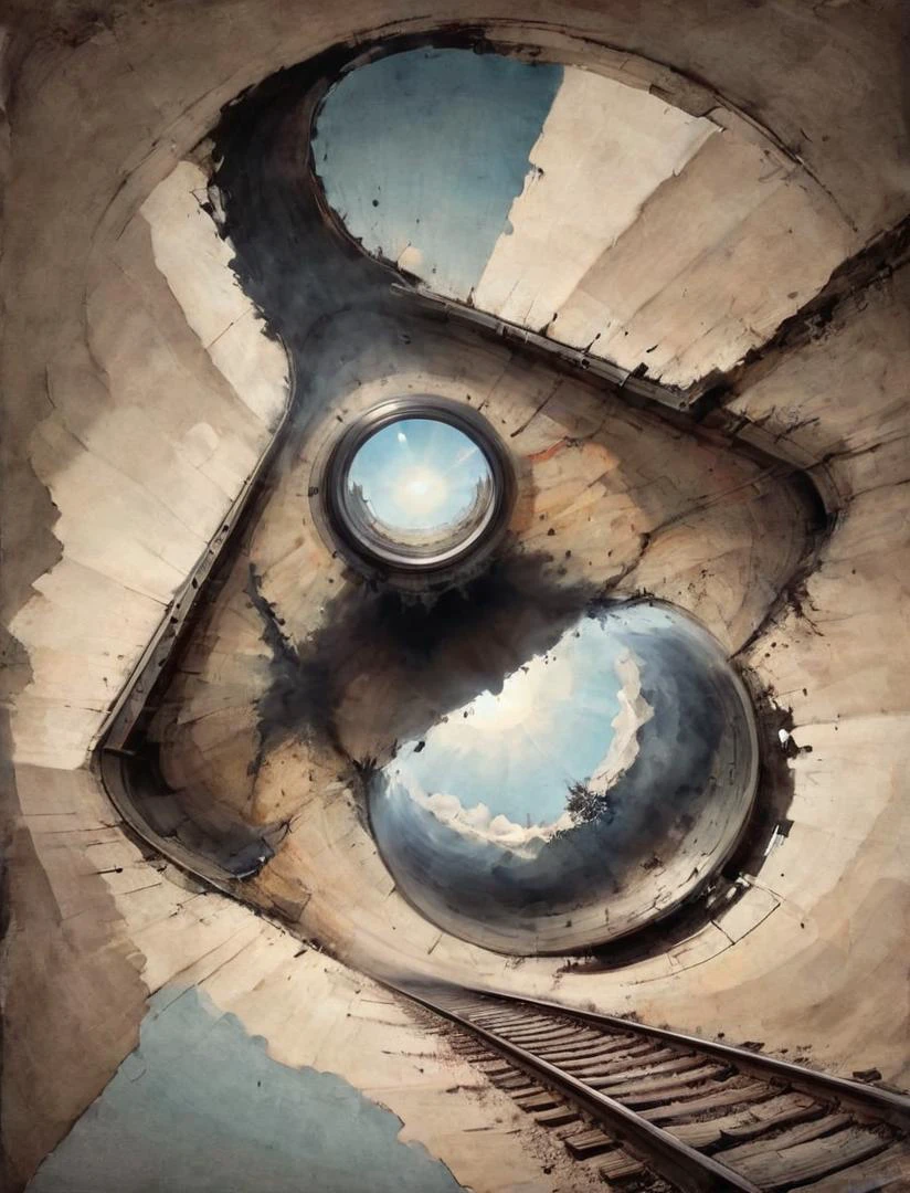 (dynamink:1.2), depiction of an optical illusion, an old train driving along a möbius railway track, heavenly reflection upside down, mirror, (colorful:1.1) (inked:1.2) (spots:1.1), cinematic, deep shadows, epic, high resolution, <lora:dynamink:1>, <lora:SDXL - Style - ParchartXL-1.5:0.7> <lora:- SDXL - ptm-no2_style_V1.0:0.4> ptm-no2 <lora:- SDXL - otclillsn_impossible_geo_V1.0:0.7> otclillsn