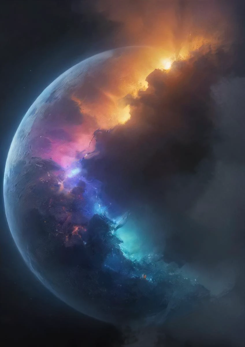 low angle, a mechanical holographic crystal (planet:1.3) is rising and cracked, eerie, bleak, challenging a mysterious universe, epic, neon lights, smoke, particles, <lora:- SDXL - holo_effect_V1.0:0.6>, <lora:- SDXL - ptm-no2_style_V1.0:0.5>
