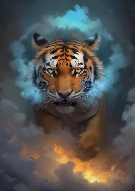 low angle, a mechanical holographic crystal tiger is stalking, eerie, bleak, challenging the jungle, epic, neon lights, clouds, smoke, particles, <lora:- SDXL - holo_effect_V1.0:0.8>, <lora:- SDXL - ptm-no2_style_V1.0:0.5>