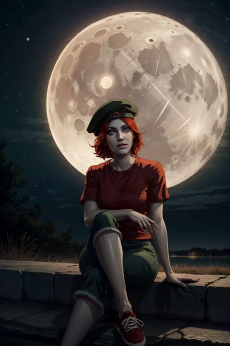 <lora:damsel-10:0.6>, damselVTMB_soul3142, red hair, short hair, beret, pale skin, sitting, outdoors, night sky, moon, <lora:add_detail:0.5>