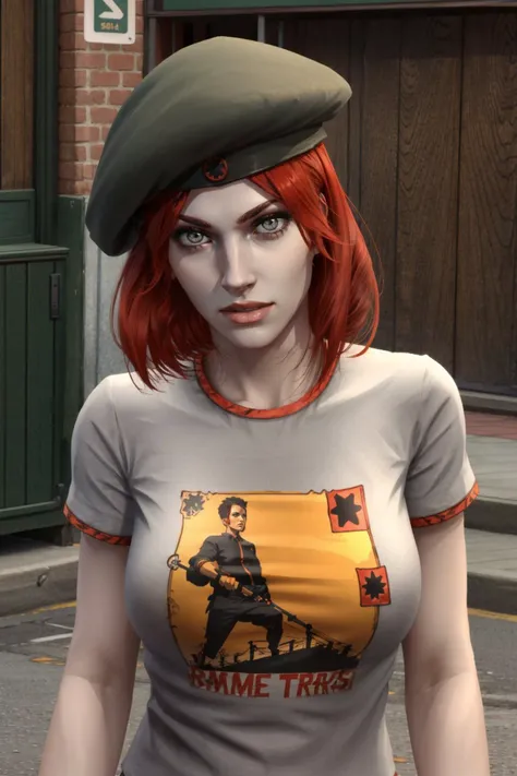 <lora:damsel-10:0.6>, damselVTMB_soul3142, outdoors, red hair, short hair, beret, pale skin, tshirt, <lora:add_detail:0.5>