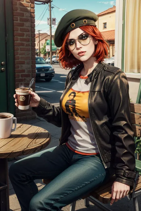 <lora:damsel-10:0.6>, damselVTMB_soul3142, outdoors, sitting, jacket, jeans, sunglasses, coffee, red hair, short hair, beret, pale skin,  <lora:add_detail:0.5>